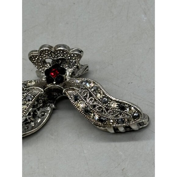 women's metal embellished hair clip silver color red faux stone 3x1.5" READ - Picture 2 of 7